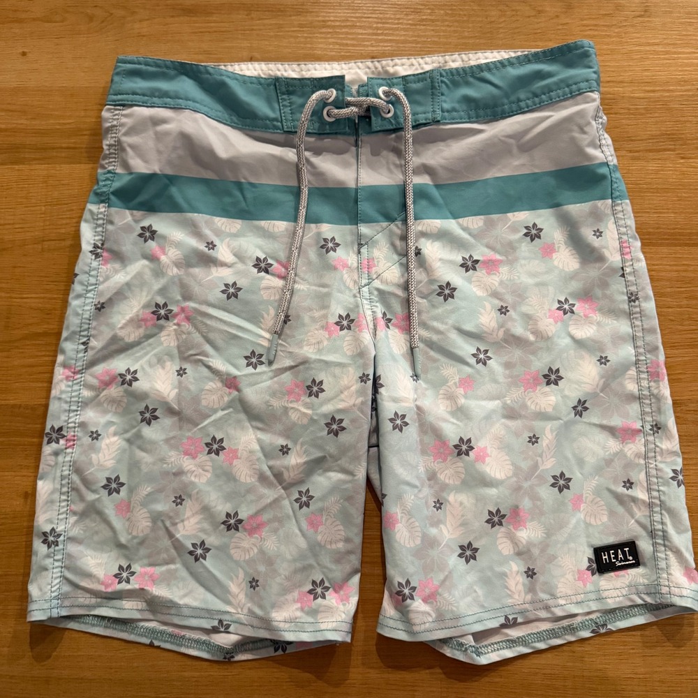Heat Swimwear Mens Small Blue Tropical Floral Board Shorts Swim‎ Trunks Stretch